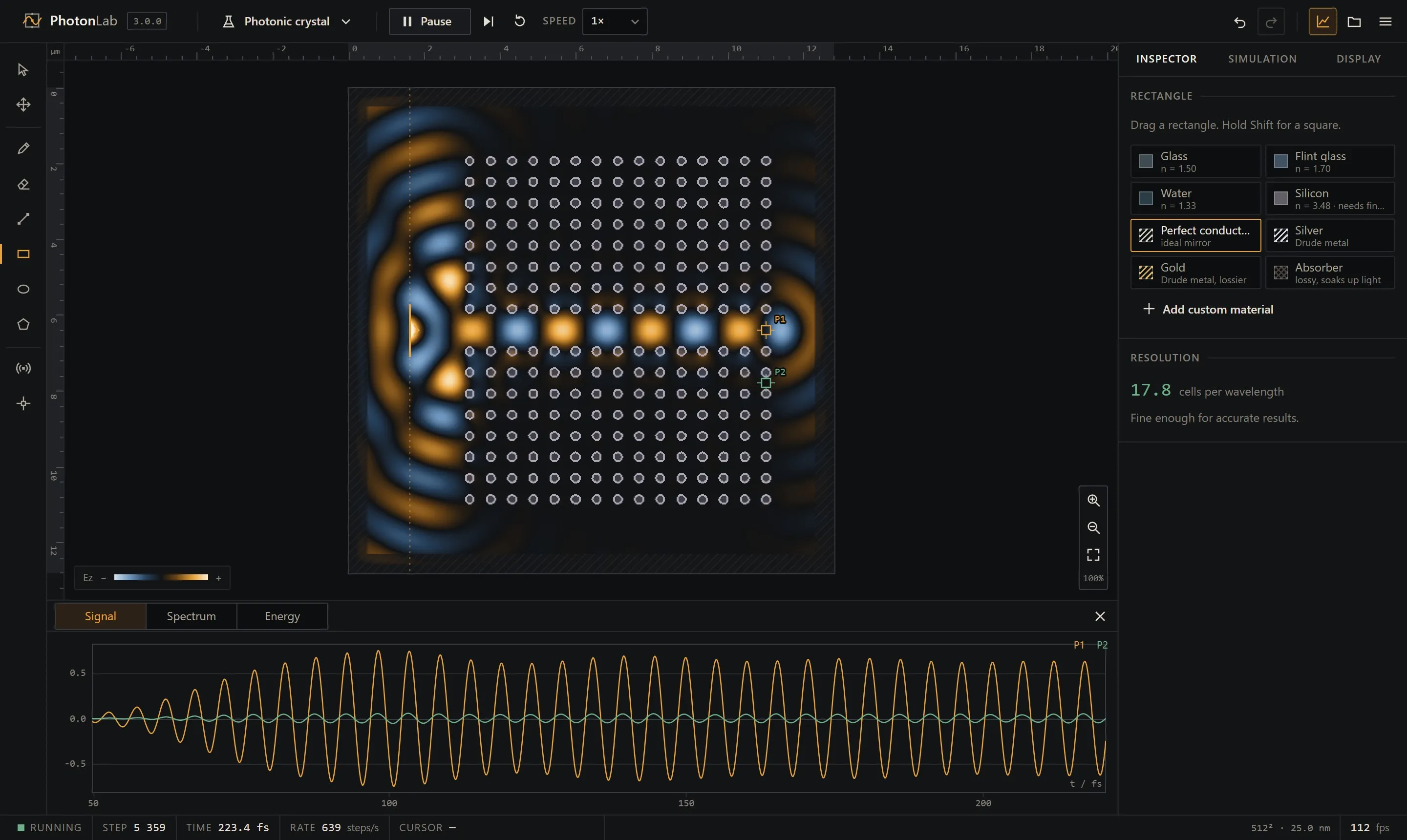 The photonic crystal experiment with the signal panel showing two probes