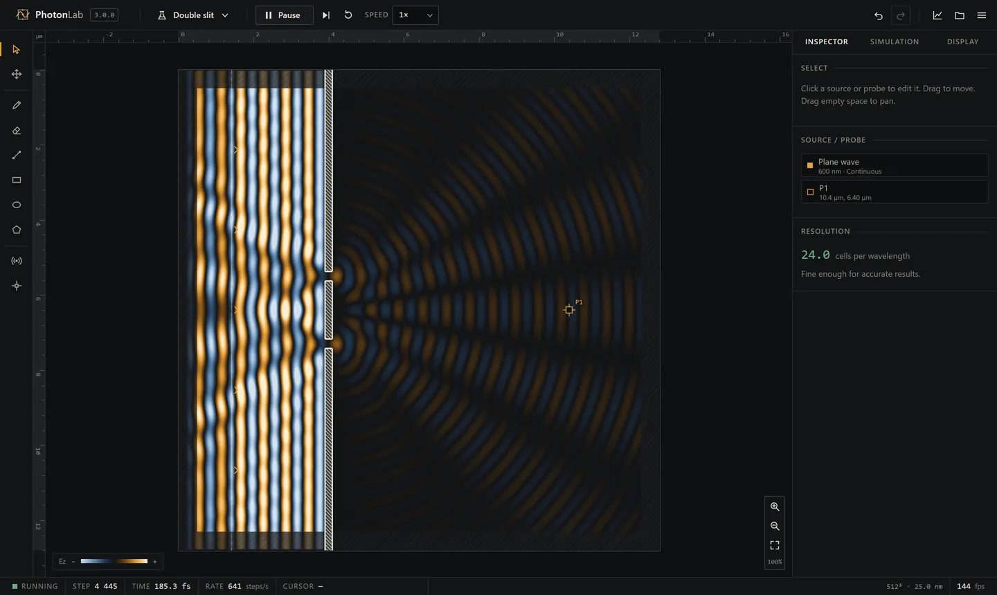 PhotonLab running the double-slit experiment: a plane wave enters from the left, passes two openings in a metal wall and forms an interference pattern.