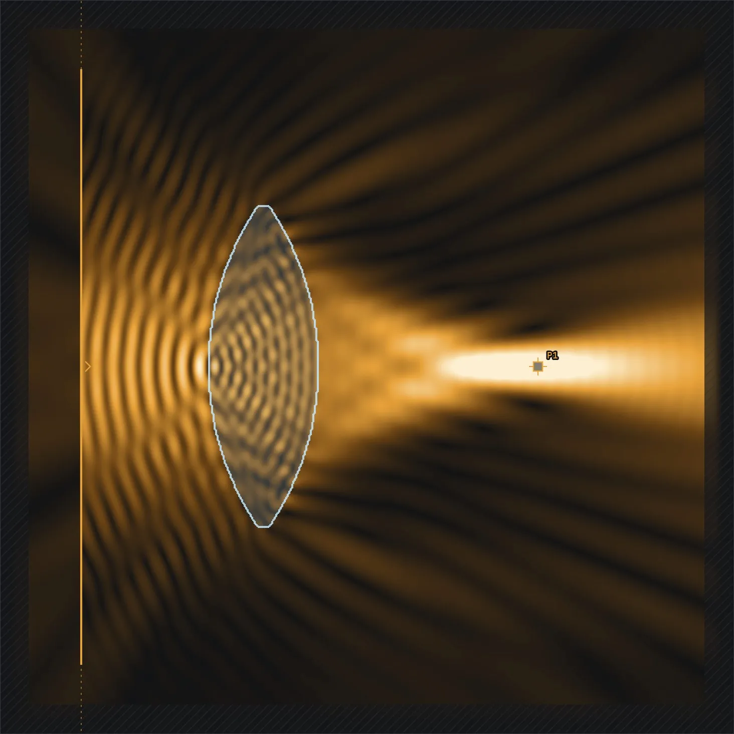 A biconvex glass lens focusing a beam, shown as intensity