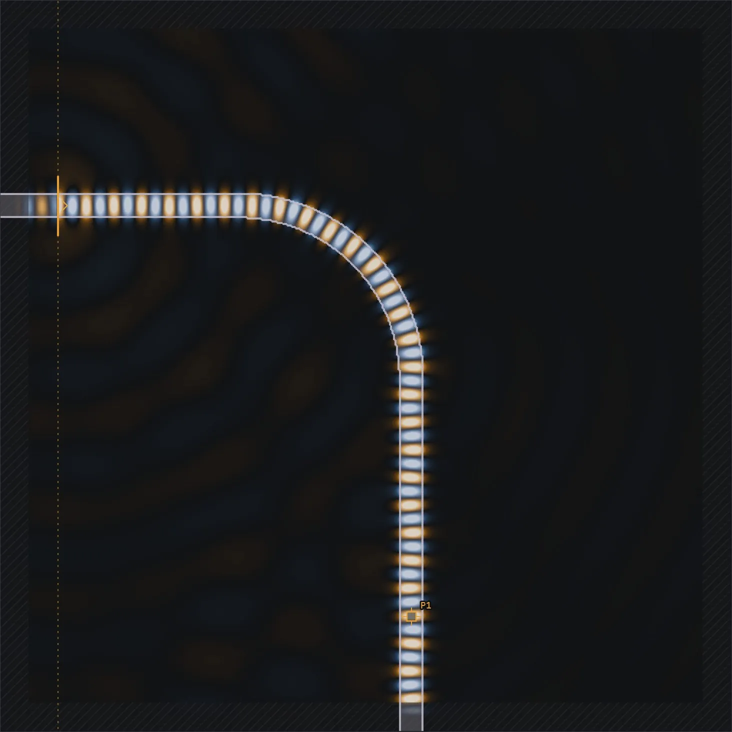 Light guided around a 90-degree bend in a silicon waveguide
